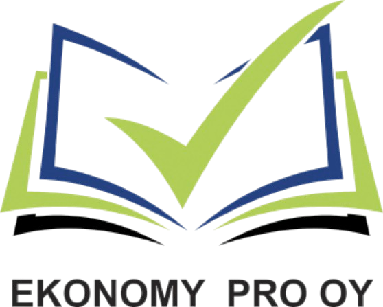 Logokuva, jossa on tyylitelty avoin kirja sinisillä ja vihreillä muodoilla. Kirjan yläpuolella on suuri vihreä tarkistusmerkki. Teksti 'EKONOMY PRO OY' on logon alapuolella.
