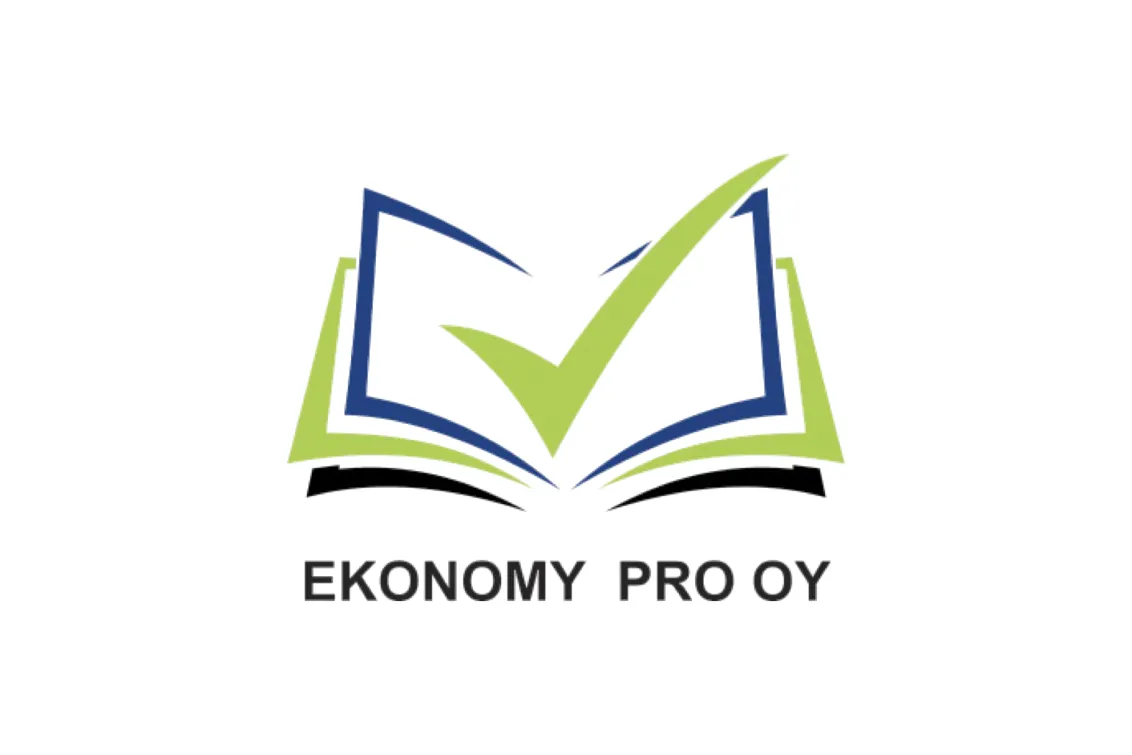 Logo, jossa on avoin kirja sinisillä ääriviivoilla ja vihreillä sivuilla. Kirjan keskellä on suuri vihreä rastimerkki. Kirjan alla on musta teksti "EKONOMY PRO OY". Tausta on valkoinen.